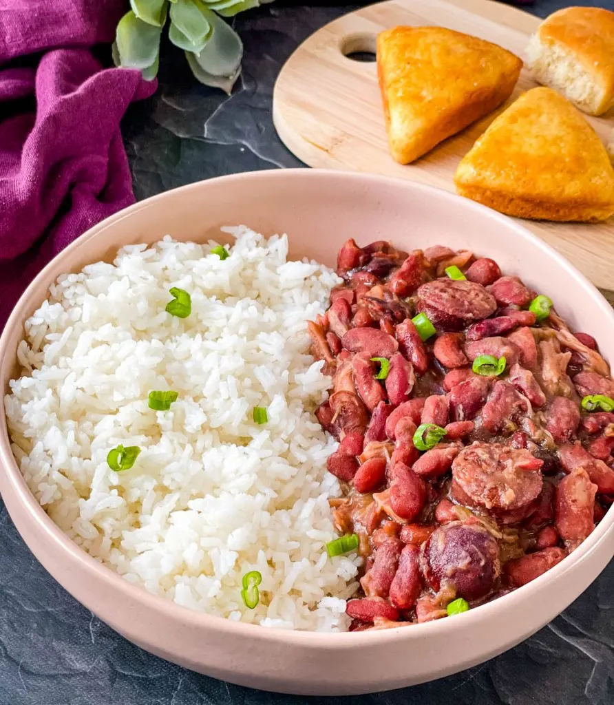Instant Pot red beans and rice in a pink bowl