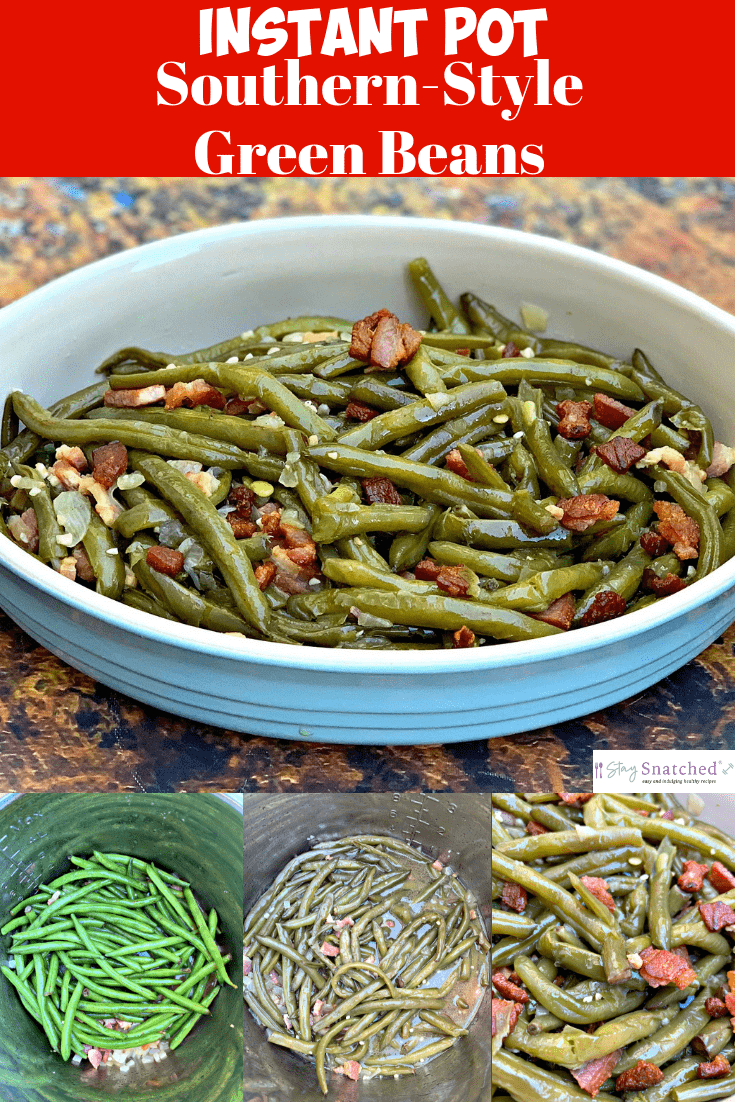 Easy Instant Pot Southern-Style Soul Food Green Beans with {VIDEO} is a quick pressure cooker recipe that is perfect for the holidays including Thanksgiving and Christmas. This dish is keto and low-carb loaded with immense flavor using chicken broth, bacon, and seasoning. This post provides the cooking time for prepping green beans in the Instant Pot. #StaySnatched #InstantPot #InstantPotRecipes #InstantPotGreenBeans #SouthernGreenBeans