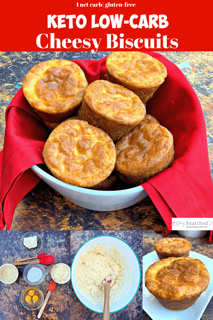 Keto Low-Carb Cheesy Biscuits is a quick and easy gluten-free recipe made with almond flour. You can serve these fluffy biscuit rolls for breakfast with butter or ghee or with gravy! Or you can add cheddar cheese and turn these into a savory side dish sensation! Only 1 net carb per biscuit! These are definitely the best keto biscuits! #StaySnatched #Keto #KetoRecipes #KetoBiscuits #KetoBread