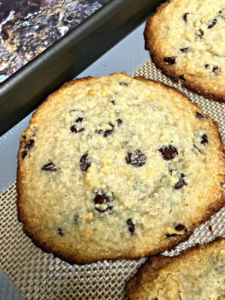 keto chocolate chip cookies on a cookie sheet