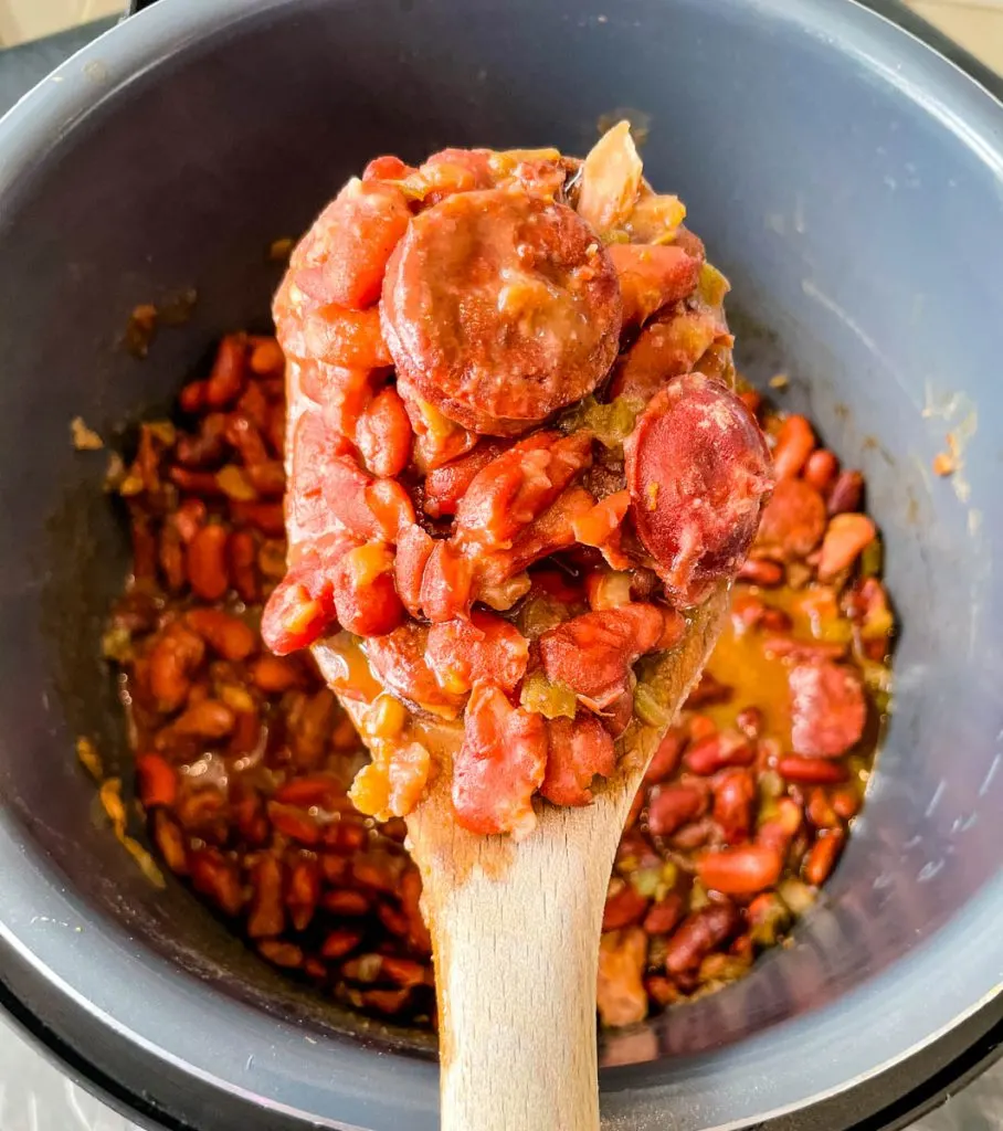 instant pot red beans and rice in a brown bowl