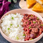 instant pot red beans and rice in a white bowl