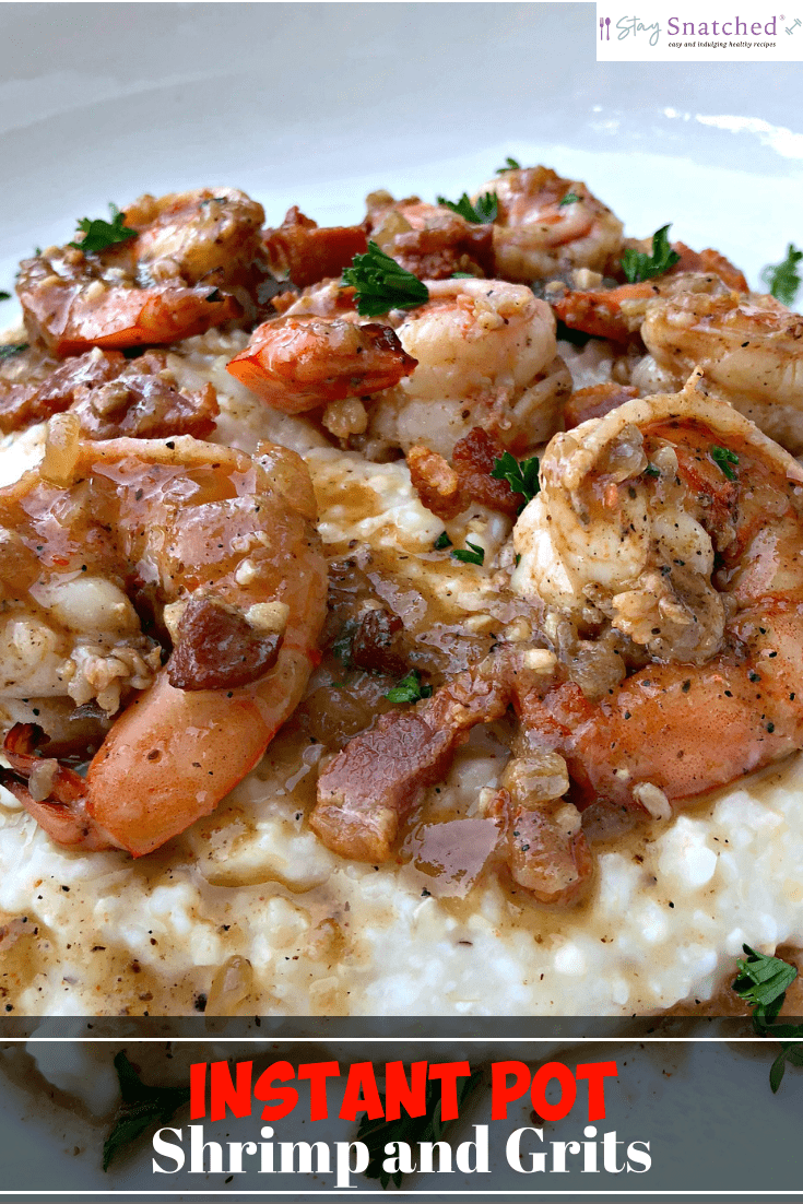 Instant Pot Easy Cheesy Shrimp and Grits is a quick pressure cooker recipe that uses either stone ground grits or quick grits with cheese, butter, and tons of flavor. This dish highlights authentic southern shrimp and grits with gravy. The grits only take 10 minutes to make, no more standing at the stove stirring grits! #InstantPot #InstantPotRecipes #InstantPotGrits #InstantPotBreakfast