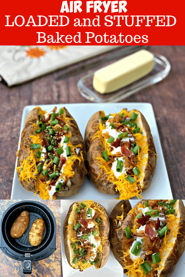 Easy, Air Fryer Loaded Stuffed Baked Potatoes is a quick recipe that will show you the time and how long to cook potatoes in the air fryer. These potatoes are stuffed with melted butter, sour cream, crunchy bacon, green onions, and chives. You can even prepare them as twice baked potatoes! #AirFryer #AirFryerRecipes #AirFryerBakedPotatoes #AirFryerPotatoes