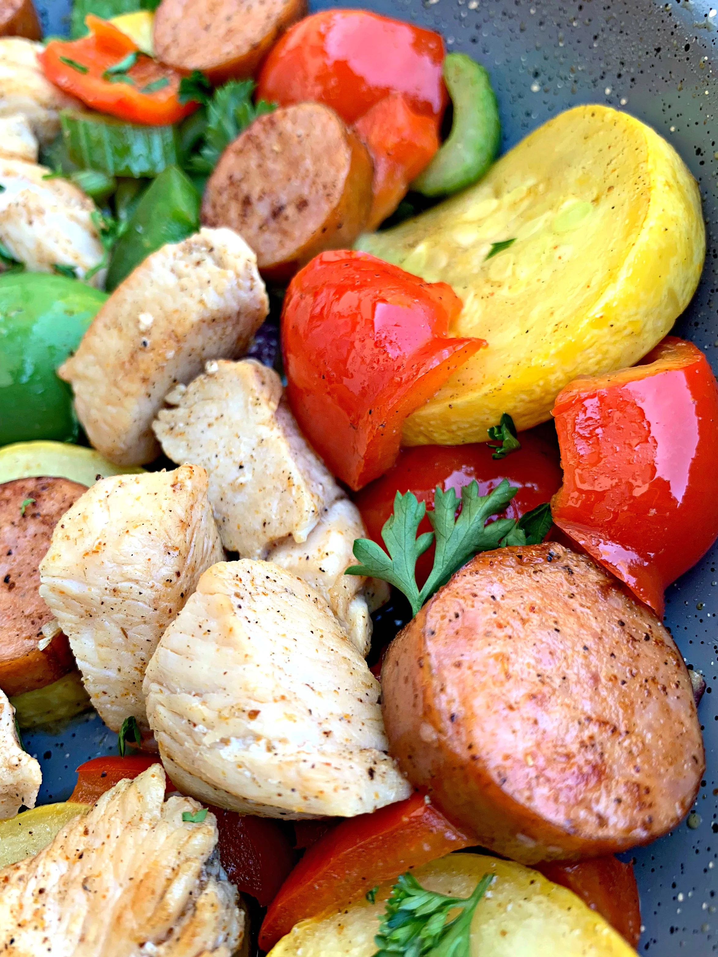 close up photo of cajun chicken sausage skillet 