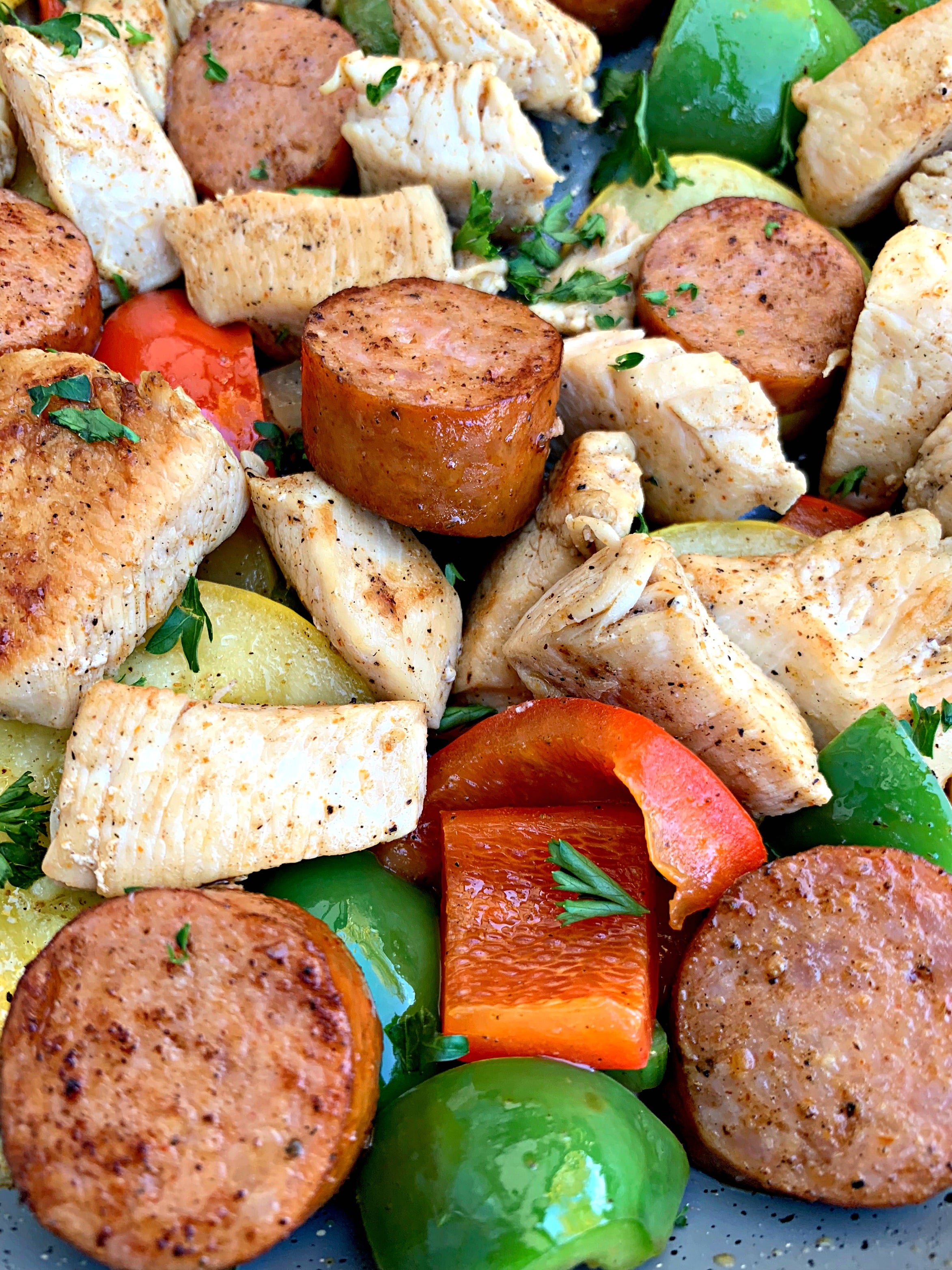 close up photo of cajun chicken sausage skillet 