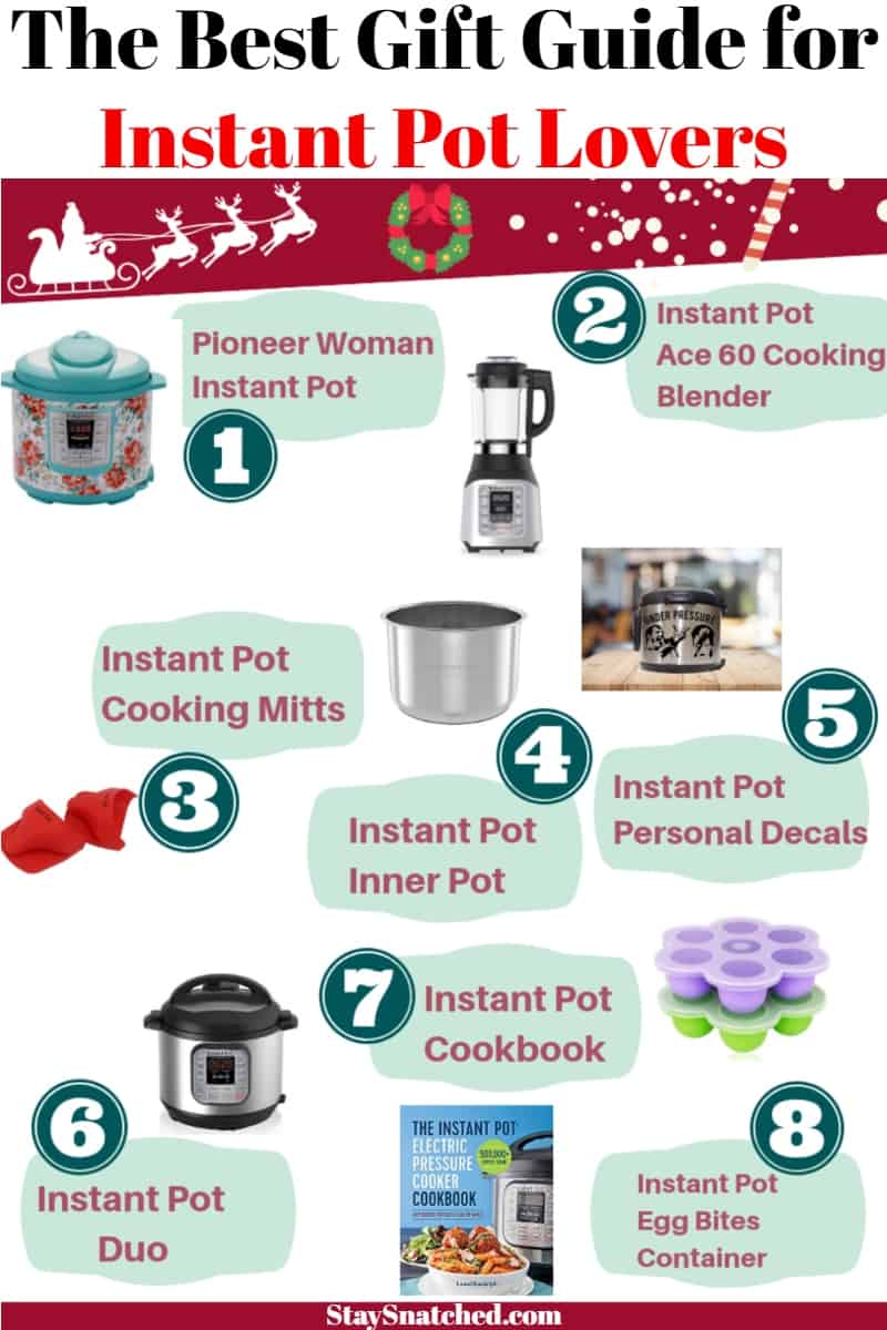 The Best Must Have Accessories and Gift Guide for the Instant Pot includes a listing of the most popular items that will please any Instant Pot lover! It includes items like the new Ace 60 Cooking Blender, steam basket, personalized instant pot decals and covers, cookbooks, and more! You can choose to shop at Amazon, Target, or Walmart. #StaySnatched #InstantPotGiftGuide #InstantPotAccessories #InstantPot