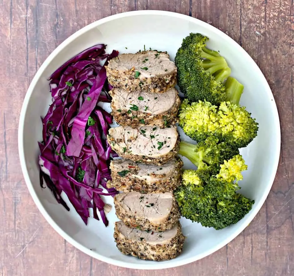 pork loin in a bowl with broccoli