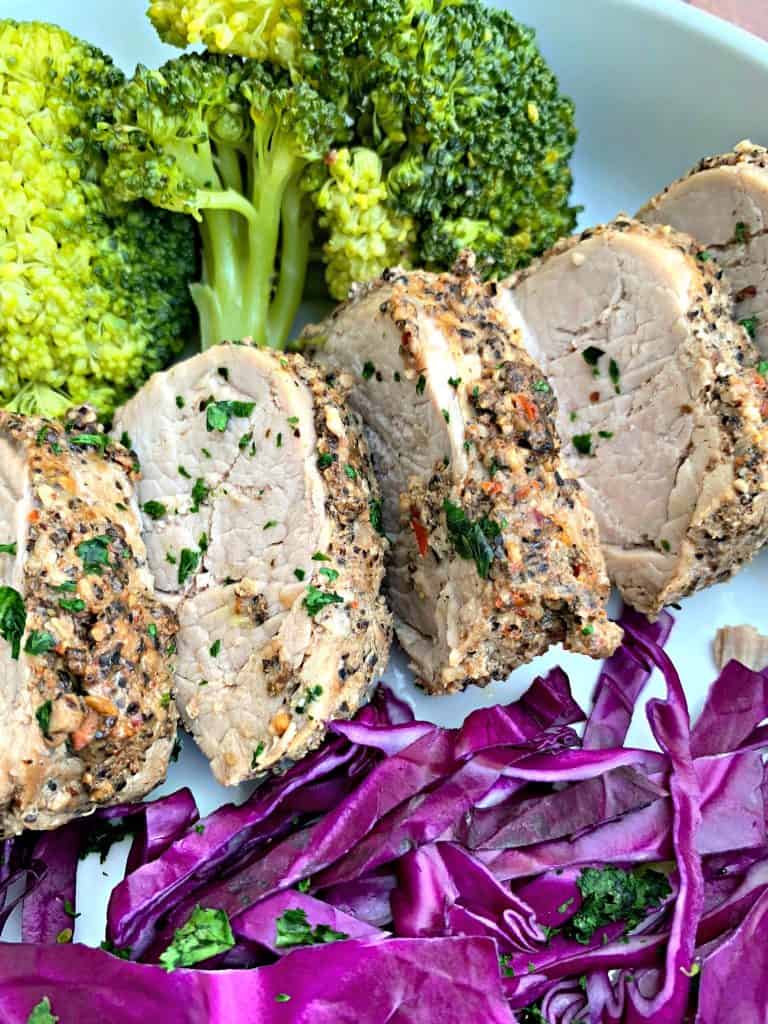 sliced pork loin and cooked broccoli