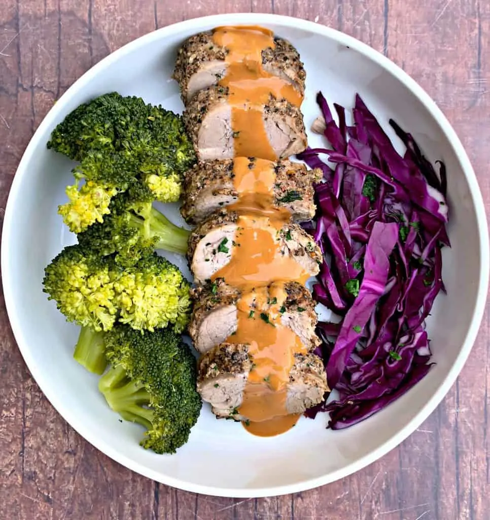 sliced pork loin with broccoli and peanut lime sauce