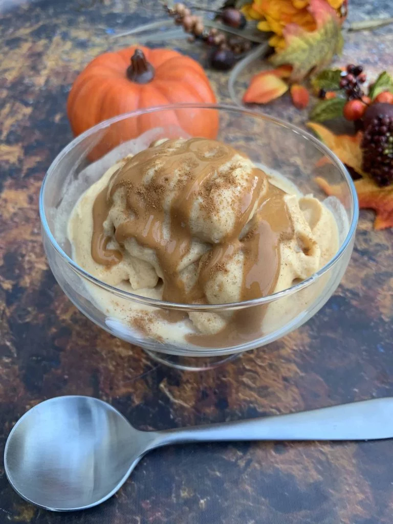 instant pot cooking blender pumpkin spice ice cream in a glass bowl
