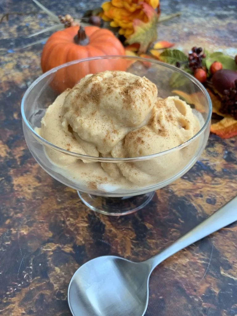 instant pot cooking blender pumpkin spice ice cream in a glass bowl