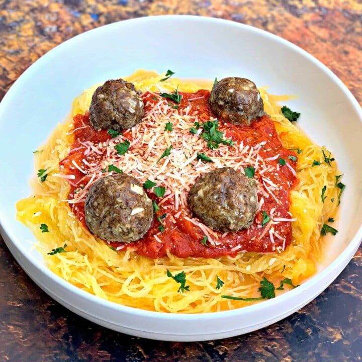 spaghetti squash marinara in a white bowl