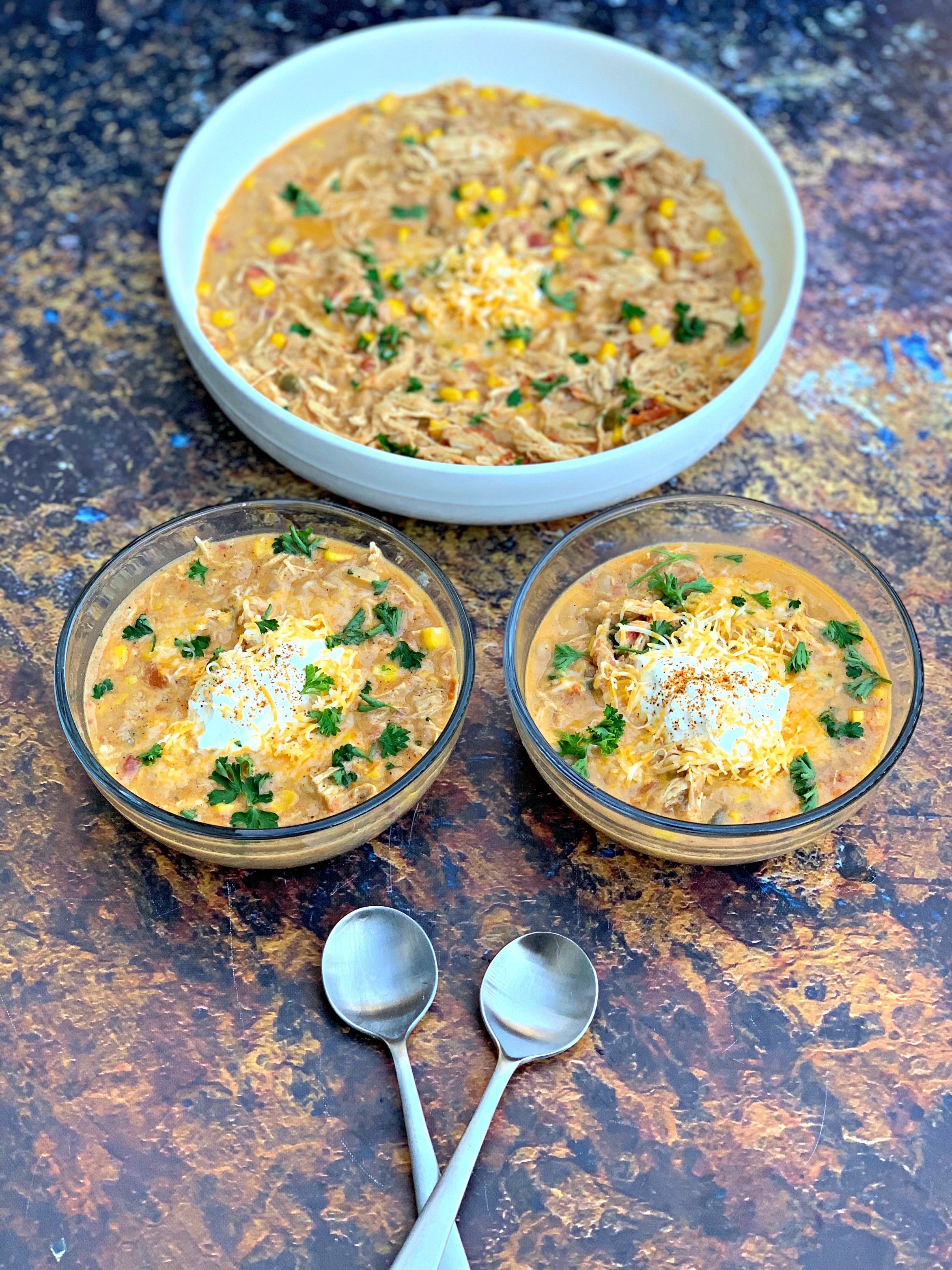 instant pot white chicken chili in 3 bowls