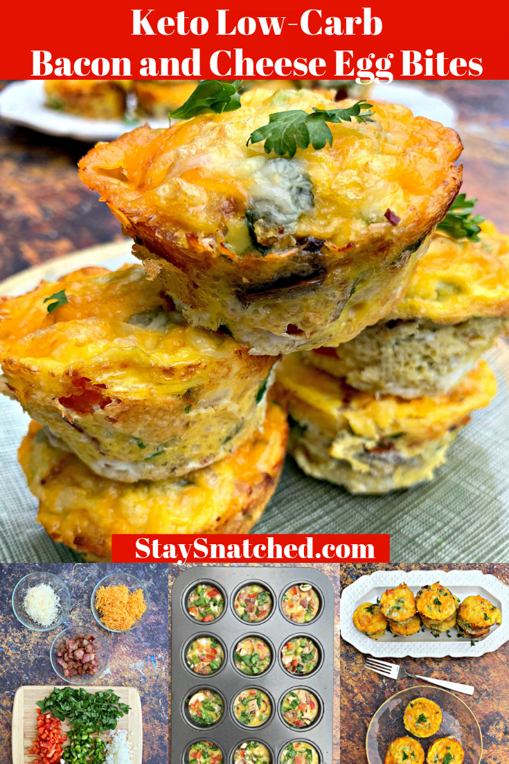 Keto Low-Carb Breakfast Bacon and Cheese Egg Muffins (Bites) are quick and easy cups loaded with your favorite meat and veggies. If you are looking for a carb-free, no-carb breakfast, you can use ham, spinach, or whatever works best. Hold the meat if you prefer vegetarian. These muffins are freezer-friendly, great for meal prep, or keto snacks on-the-go. This post includes the best low carb breakfast ideas. #KetoRecipes #KetoBreakfast #KetoEggMuffins