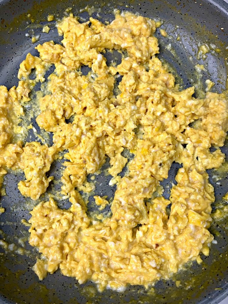 scrambled eggs in a skillet