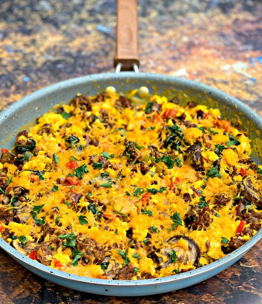 keto low carb sausage breakfast scramble in a skillet