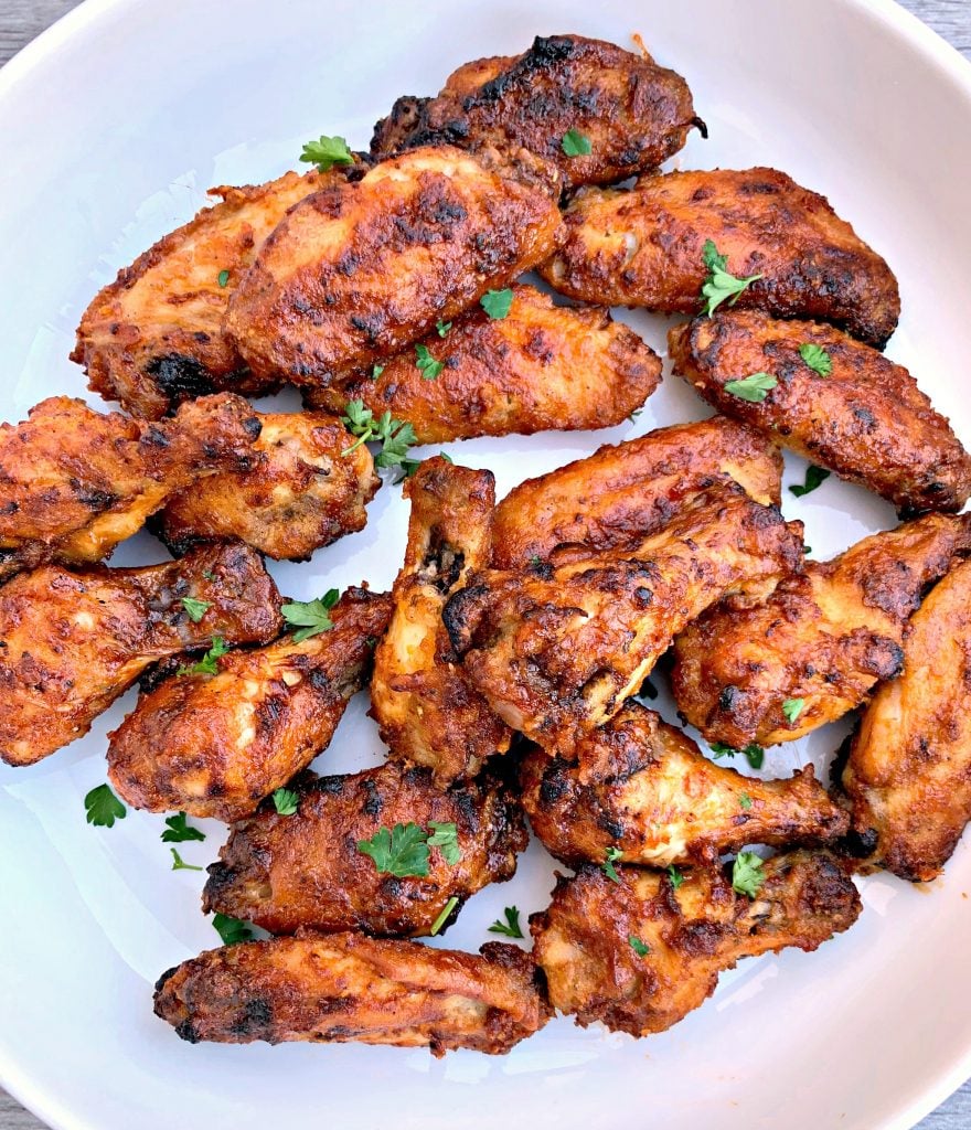 air fryer honey bbq chicken wings in a white bowl