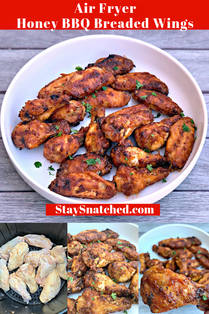Air Fryer Breaded Honey BBQ Fried Chicken Wings is a quick and easy recipe for crispy and crunchy wings. You can even make chicken thighs if you prefer. This recipe includes the cook time and instructions on how long to cook frozen wings. #AirFryerRecipes #AirFryerHoneyBBQWings