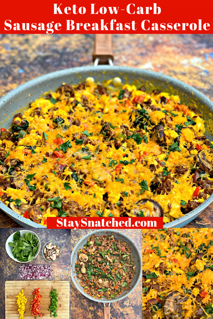 Easy Keto Low-Carb Eggs, Cheese, and Chorizo Sausage Breakfast Meal Prep is a ketogenic no-bake casserole recipe that includes great breakfast ideas for make ahead meals. This skillet dish is similar to a breakfast casserole and includes keto-friendly sausage and peppers, along with other vegetables. #KetoRecipes #KetoBreakfast #KetoBreakfastIdeas