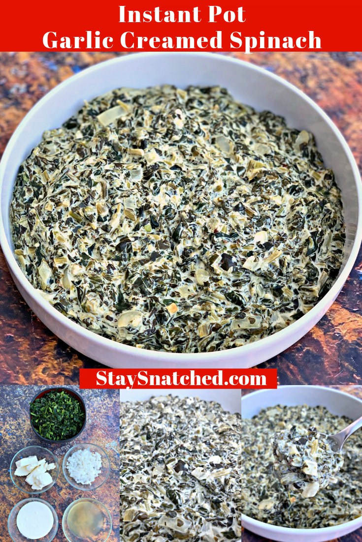 Easy Keto Low-Carb Instant Pot Garlic Creamed Spinach is the best quick recipe using frozen chopped spinach, cream cheese, and sour cream (or plain Greek yogurt). This 5-minute recipe makes the perfect side dish for weeknight dinners or even holidays like Thanksgiving and Christmas! #InstantPotRecipes #KetoRecipes #KetoCreamedSpinach #InstantPotCreamedSpinach