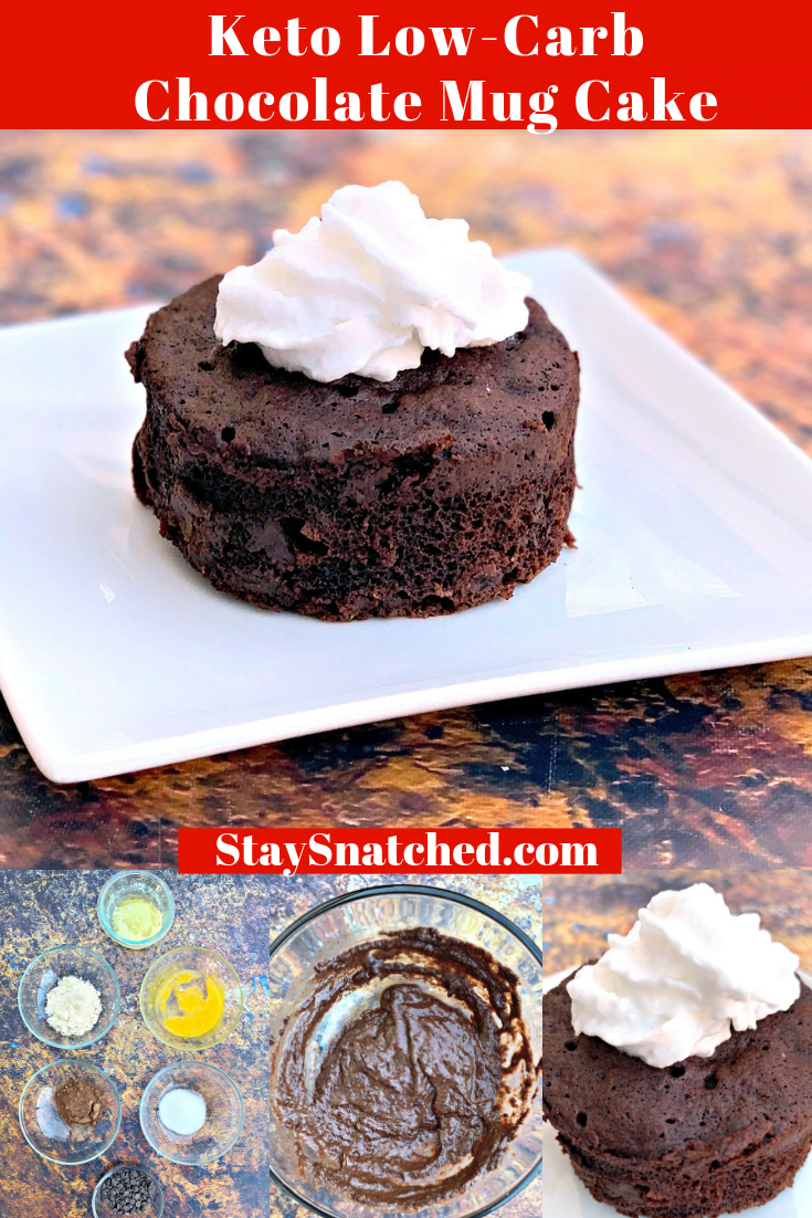 Easy, Keto Low Carb One-Minute Chocolate Mug Cake is a quick, gluten-free recipe that uses sugar-free chocolate chips, almond flour, and unsweetened cocoa. This post will show you how to make a simple mug cake using the microwave. With only 1 net carb per serving this cake is perfect for keto diets and ketosis. #KetoRecipes #KetoMugCakes #KetoDesserts