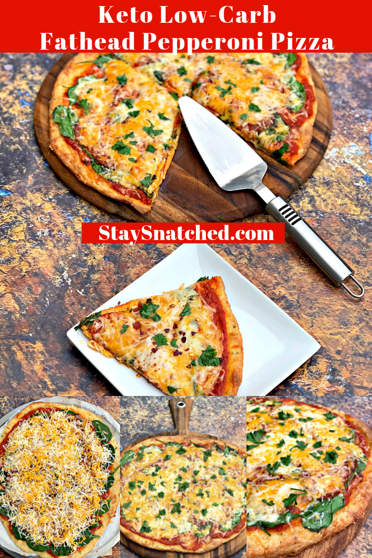 Keto Low-Carb Fathead Three Cheese Pepperoni Pizza is the best quick and easy healthy recipe that uses almond flour, cream cheese, and mozzarella for the pizza base and crust. Load this practically carb-free pizza with your favorite toppings like marinara pizza sauce and pepperoni. This recipe also includes nutrition macros, calories, and relevant information. #KetoRecipes #KetoPizza