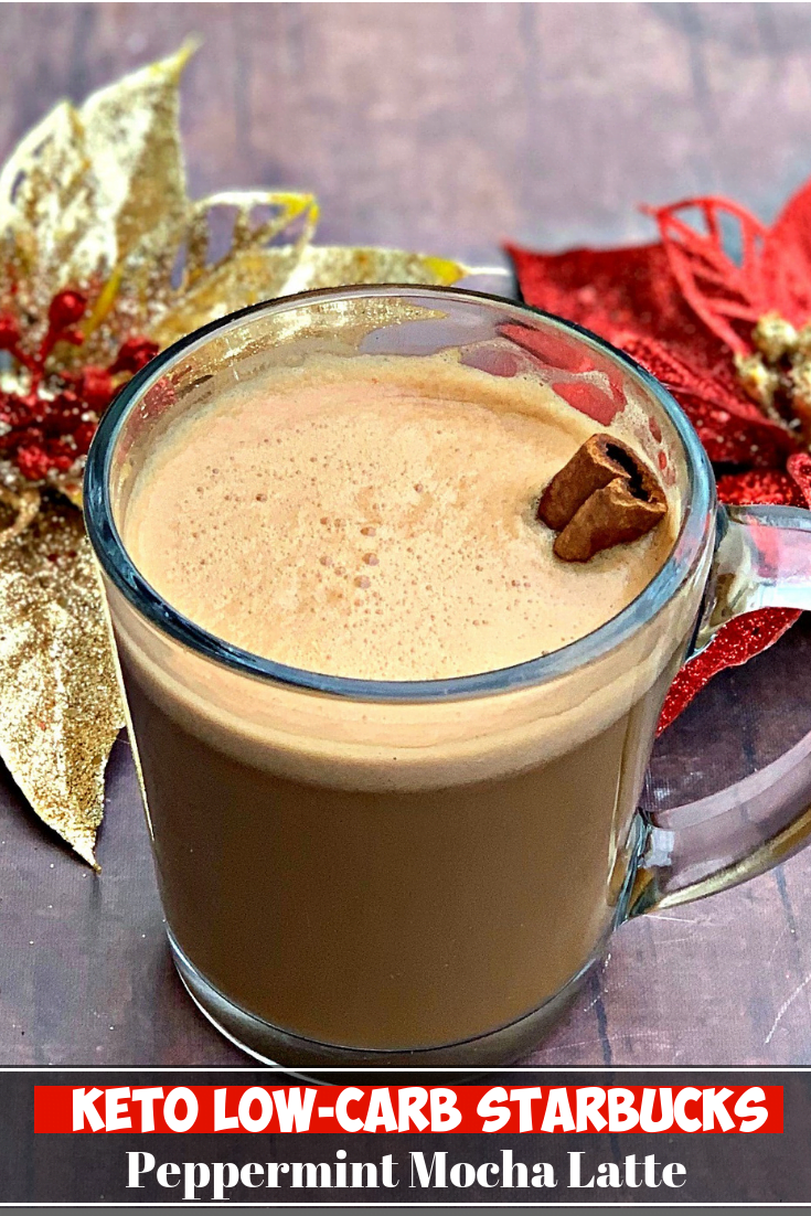 Keto Low-Carb Starbucks Copycat Peppermint Mocha Latte is a quick and easy coffee recipe that uses cacao creamer made with grass-fed ghee butter and MCT Oil to ensure a nice dose of healthy fats. Looking for a skinny, sugar-free mocha for Christmas and the holiday season? This recipe is perfect for keto diets and lifestyles! #KetoRecipes #KetoLatte #KetoCoffee