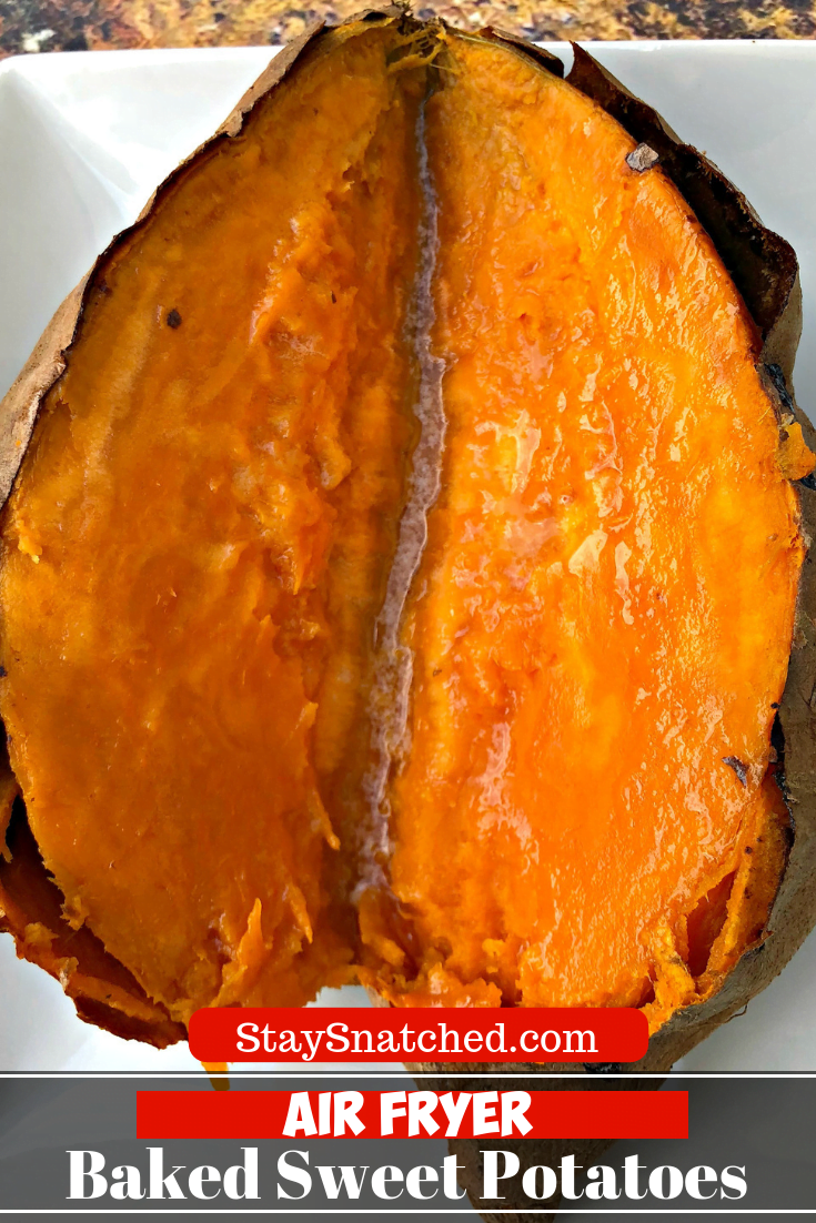 Easy Air Fryer Loaded Baked Sweet Potatoes is a recipe that will show how long to cook sweet potatoes in the air fryer. Use sweet potatoes or yams and load them up with butter, cinnamon, and honey. You can add brown sugar, too! #AirFryerRecipes #AirFryerSweetPotatoes