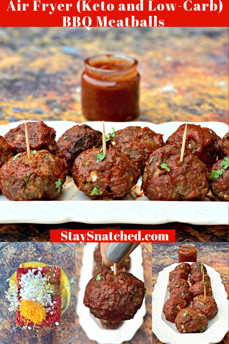 Super Easy Keto Low-Carb Air Fryer BBQ Beef Meatballs is a quick recipe prepared with homemade BBQ sauce and almond meal and with no pork rinds. This post includes the cooking time and instructions for how long to cook and what temperature to prepare meatballs using the Nuwave, Power Air Fryer or any brand. #AirFryerRecipes #KetoRecipes #KetoMeatballs