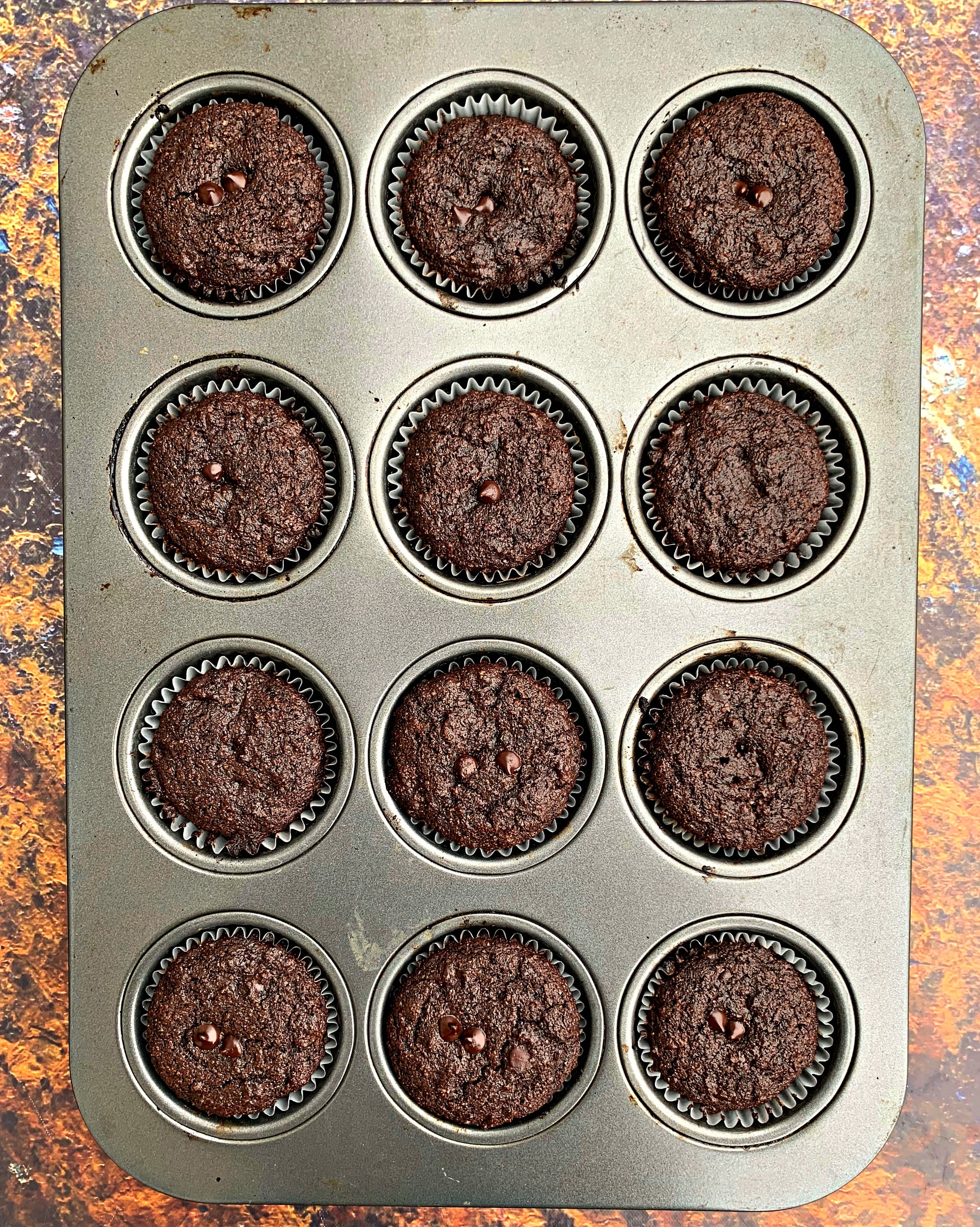 keto low carb chocolate muffins in a muffin tin