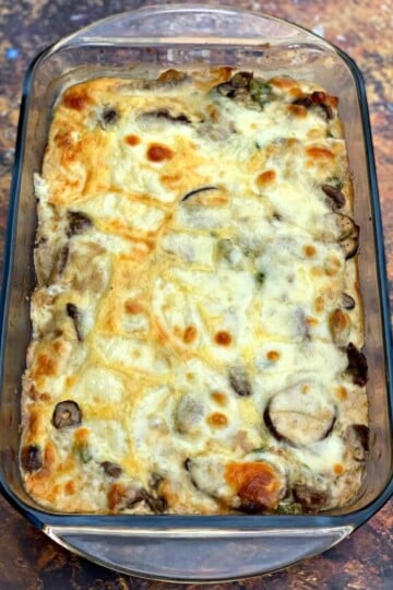 keto low carb philly cheesesteak in a glass pan