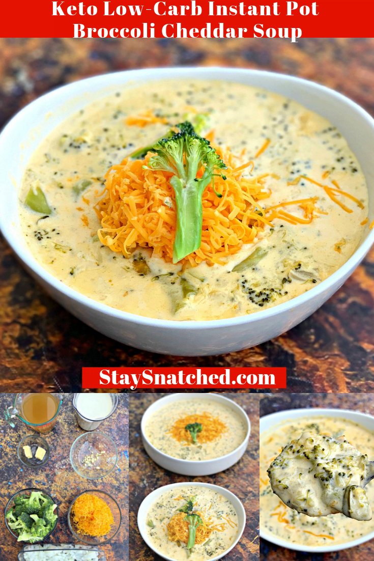 Easy Keto Low-Carb Instant Pot Panera Broccoli Cheddar Cheese Soup is the best, quick pressure cooker recipe that includes stovetop directions, too. This copycat recipe is healthy, cheesy, and gluten-free, best of all, it's keto-friendly. This meal-prep dish is loaded with cream, fresh or frozen broccoli and includes the macros and information about carbs found in broccoli. #KetoRecipes #InstantPotRecipes #KetoSoup #InstantPotSoup
