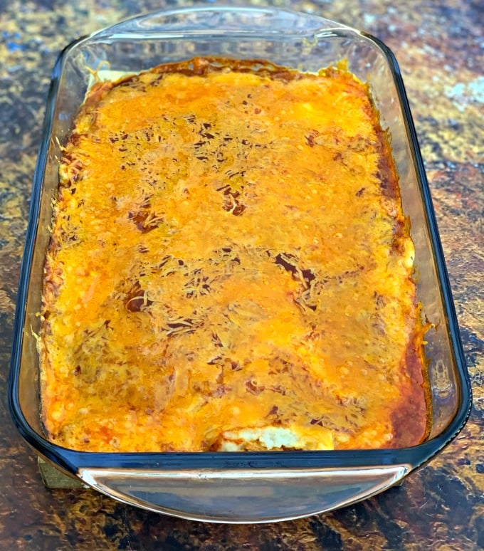 keto low carb enchilada casserole in a baking dish