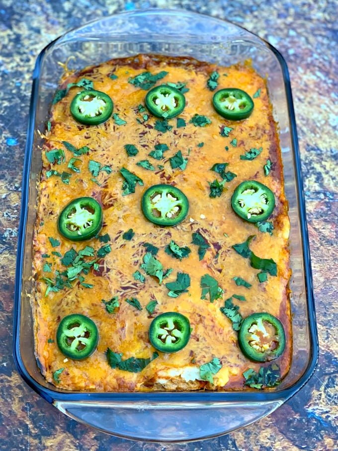 keto low carb enchilada casserole in a baking dish