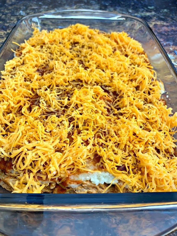 keto low carb enchilada casserole in a baking dish