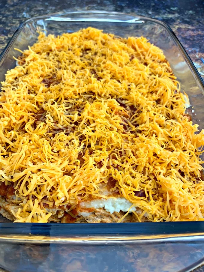 keto low carb enchilada casserole in a baking dish