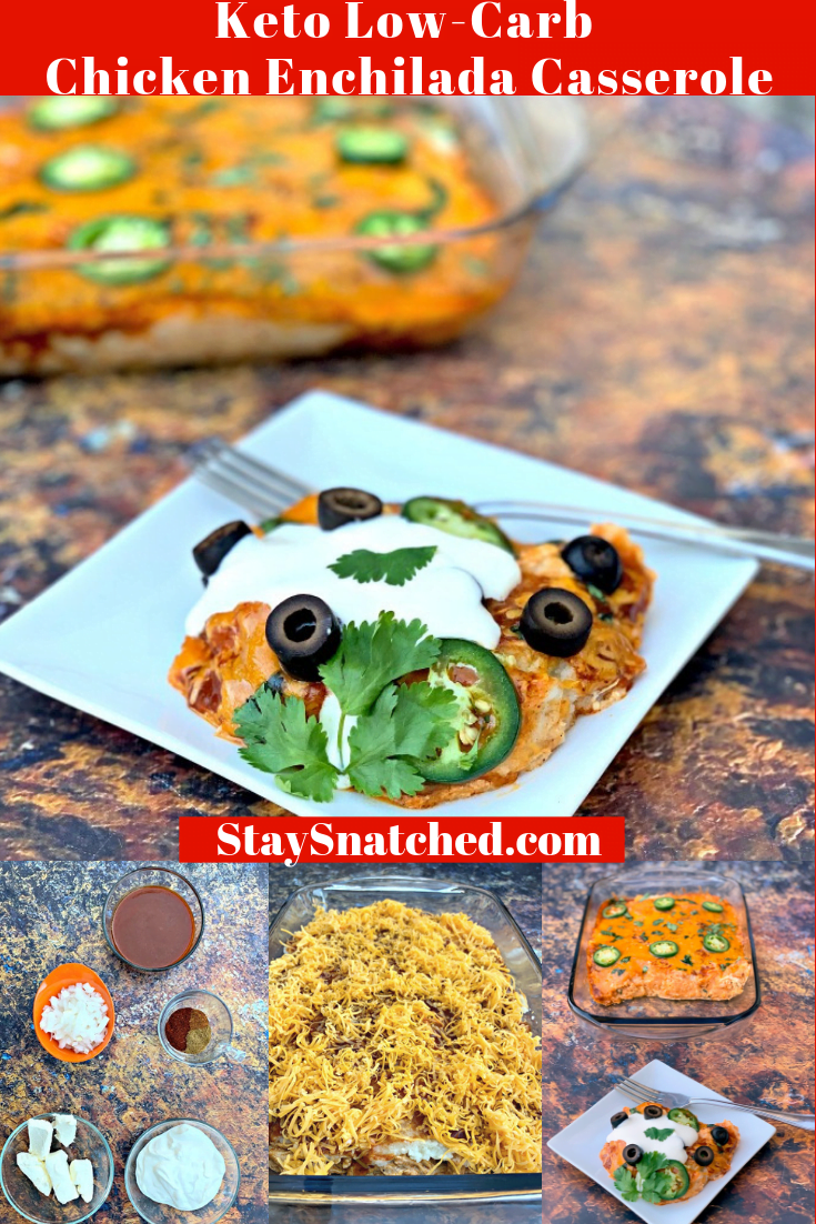 Easy, Keto Low-Carb Chicken and Cheese Enchilada Casserole is a quick dinner recipe with no-sugar sauce, cream cheese, sour cream, cauliflower, and taco seasoning. Best of all, this dish ditches the carbs and is prepared with no tortilla! You can turn this meal prep friendly dish into an enchilada bowl! Grab your skillet and get cooking! #KetoRecipes #KetoEnchiladas #KetoTacos