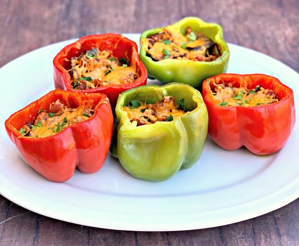 keto low carb bacon stuffed peppers on a white plate