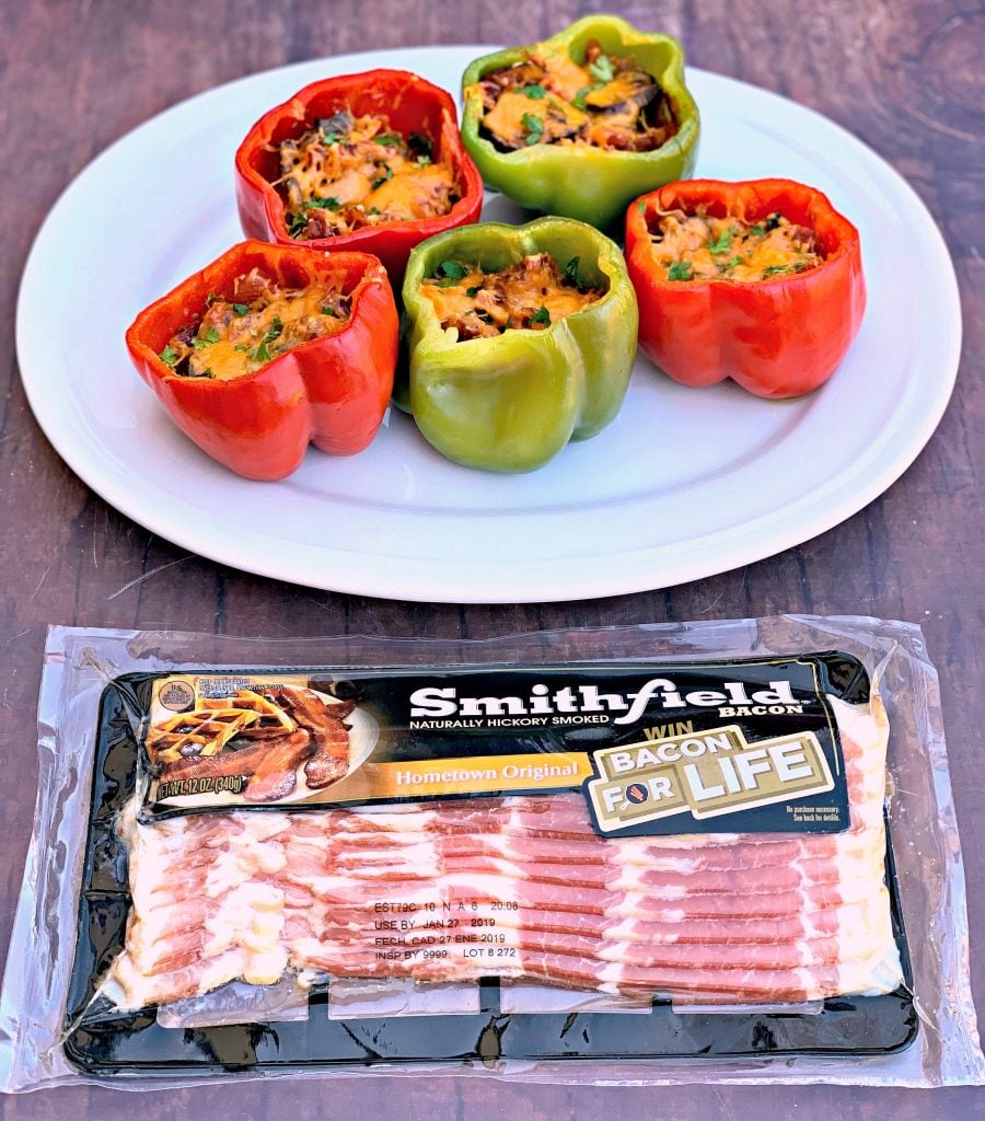 keto low carb bacon stuffed peppers on a white plate