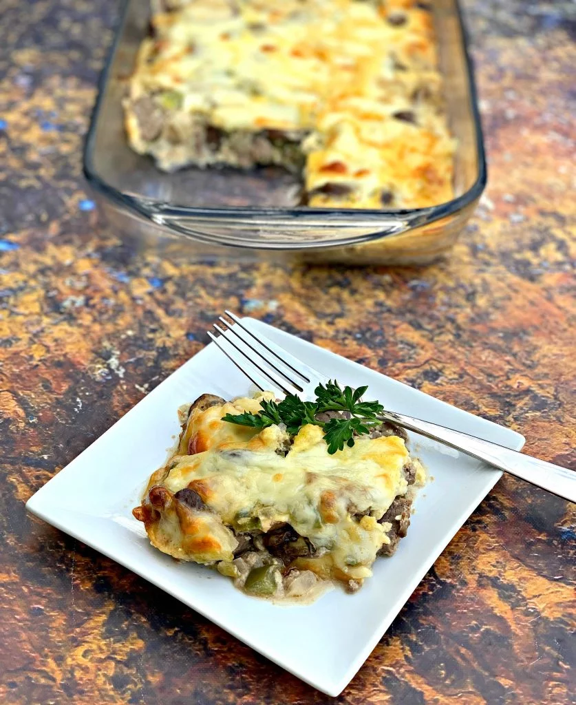 keto low carb philly cheesesteak on a white plate