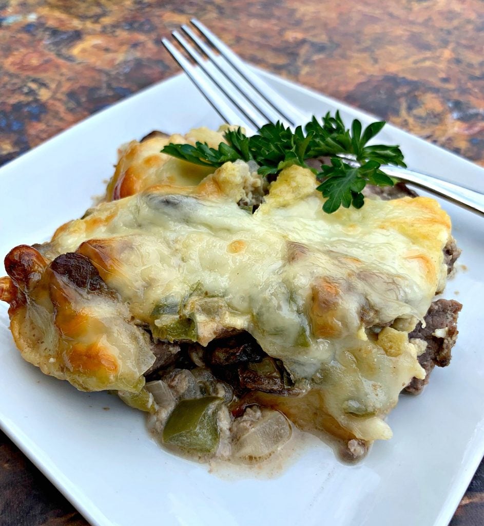 keto low carb philly cheesesteak on a white plate