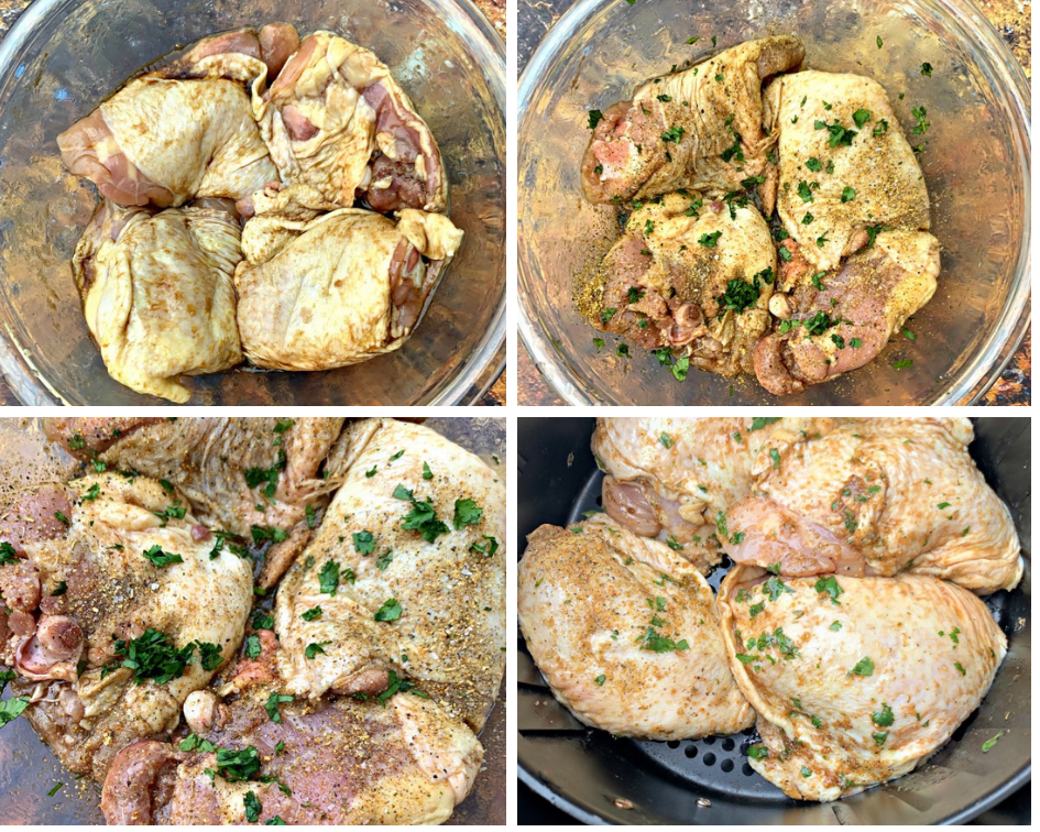 raw chicken seasoned with cilantro and lime in a glass bowl