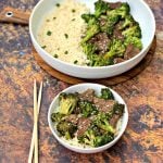 keto beef and broccoli in a white bowl with chopsticks