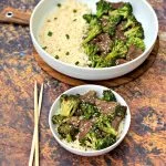keto beef and broccoli in a white bowl with chopsticks