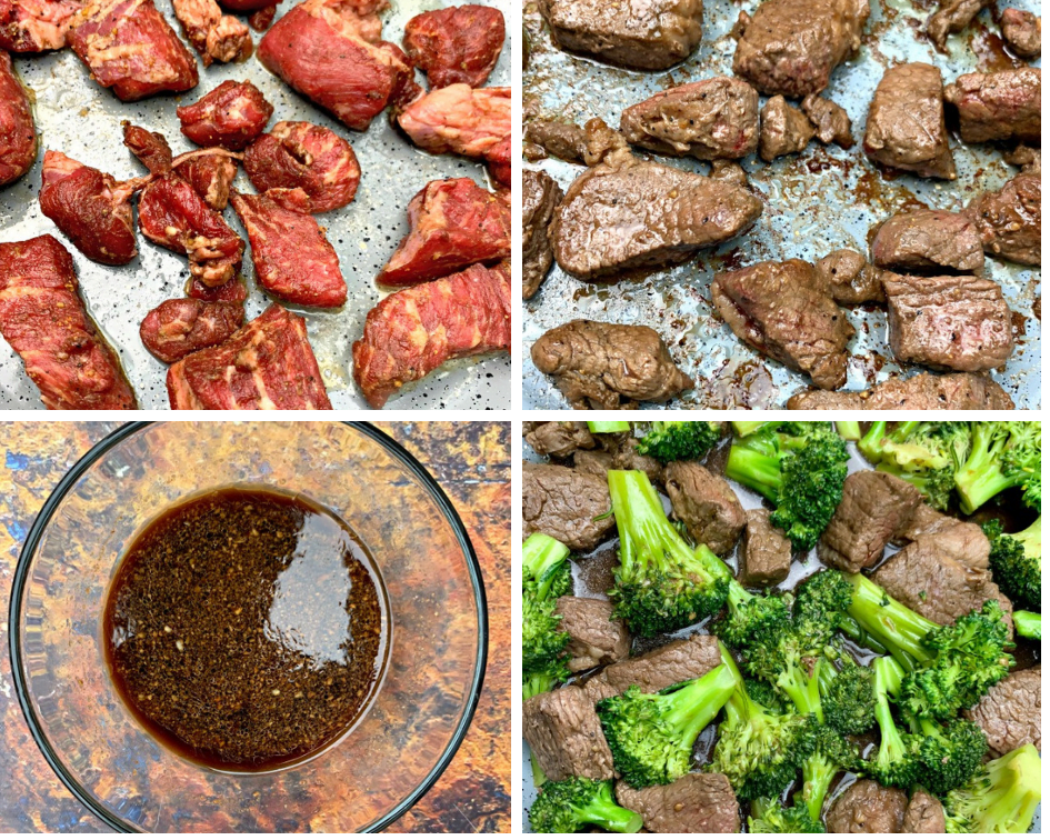 raw steak and cooked steak in a skillet, stir fry sauce in a bowl, and beef and broccoli in a skillet