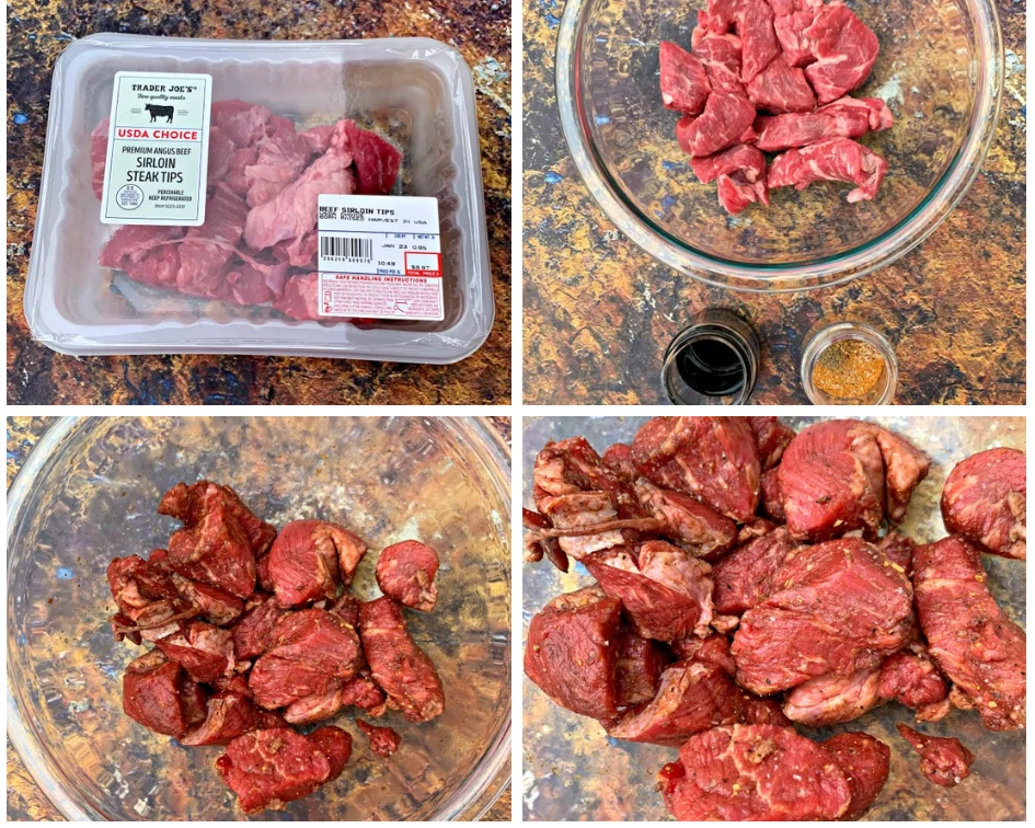 raw sirloin steak in a package and marinated steak in a bowl