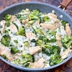keto chicken alfredo with broccoli and spinach in a skillet