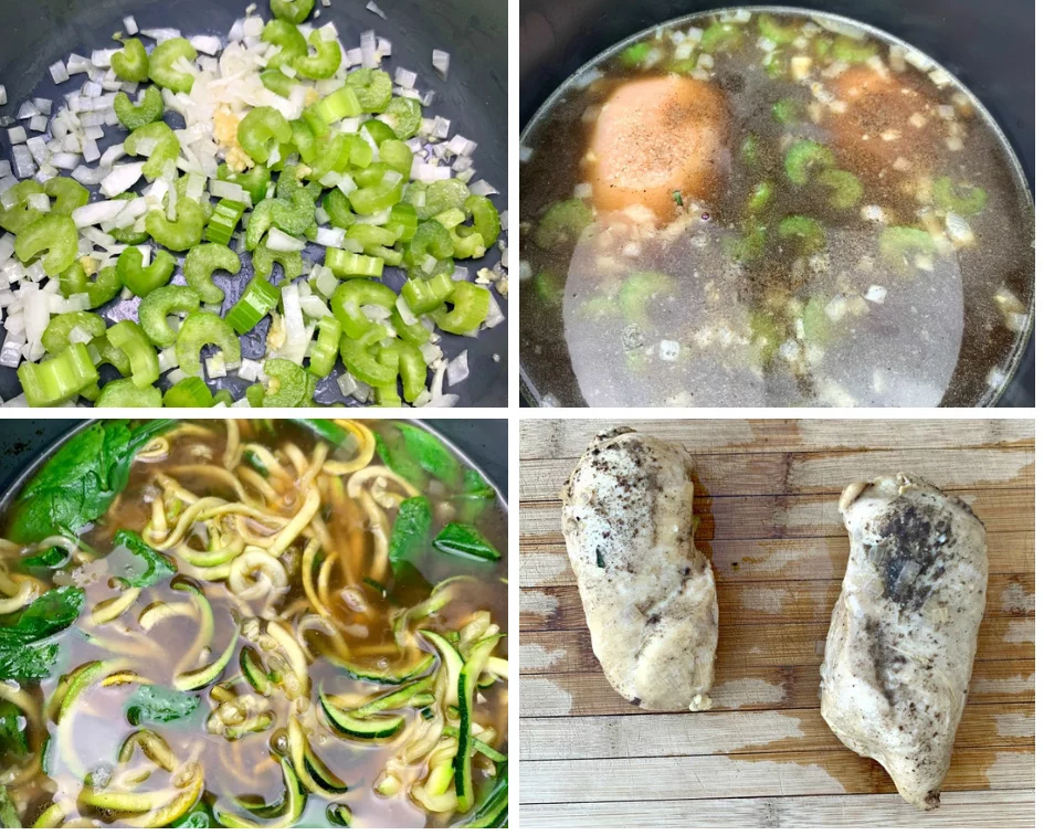 keto low carb chicken noodle soup with zucchini noodles in an instant pot