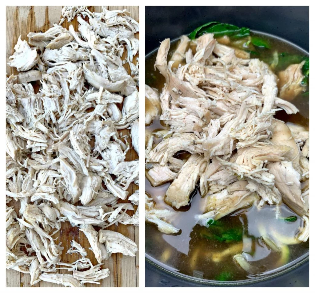 shredded chicken on a cutting board and in an instant pot